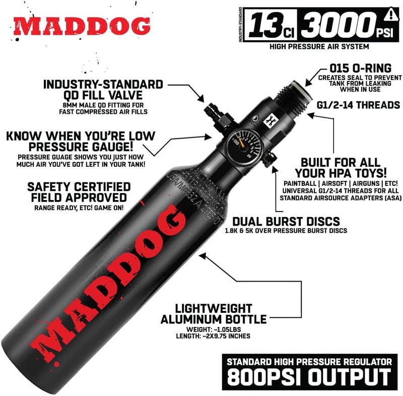 MAddog 13ci/3000psi Aluminum Compressed Air HPA Paintball Tank with Regulator - Image 2